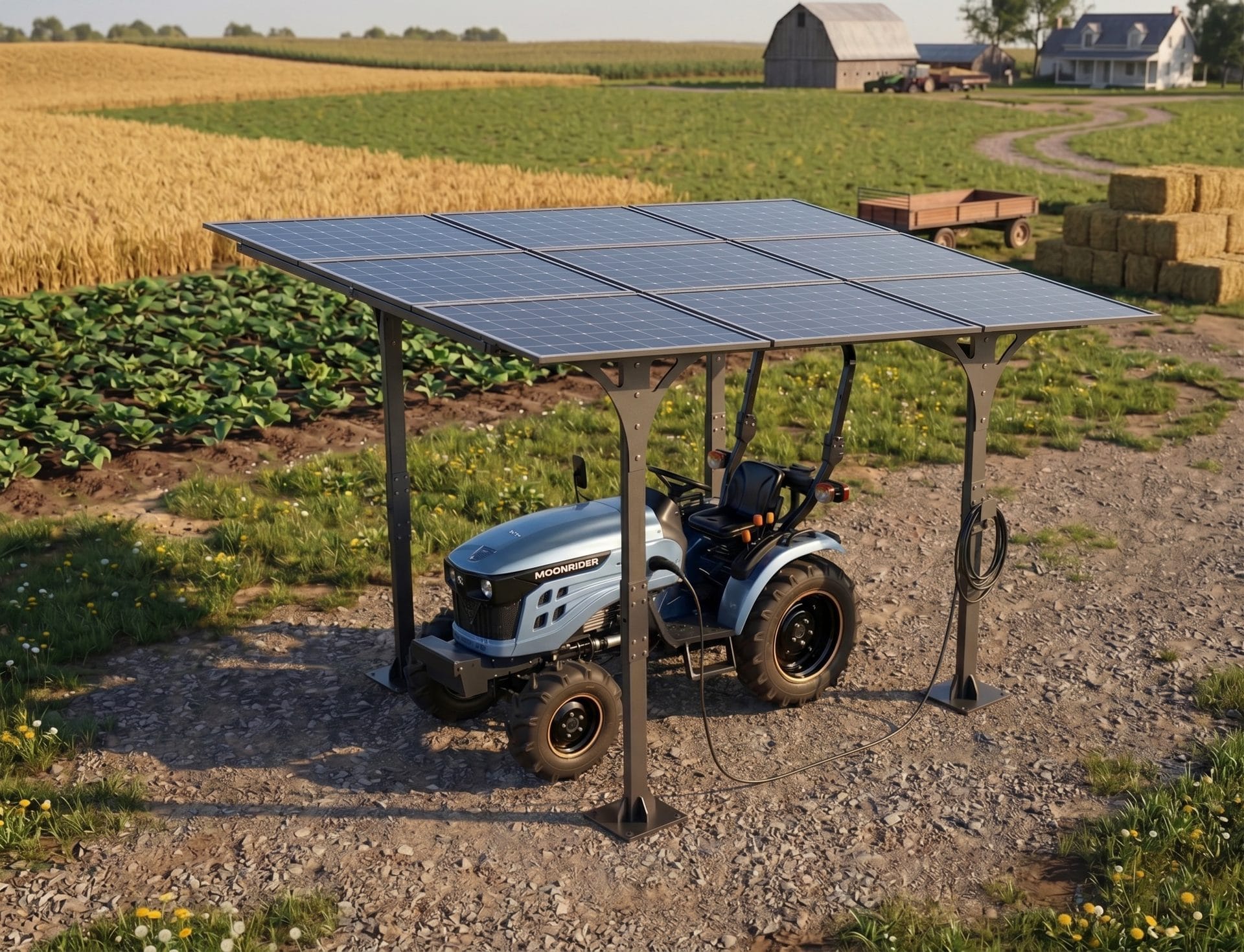 GoSun Solar Carport charging a Moonrider electric tractor on a farm