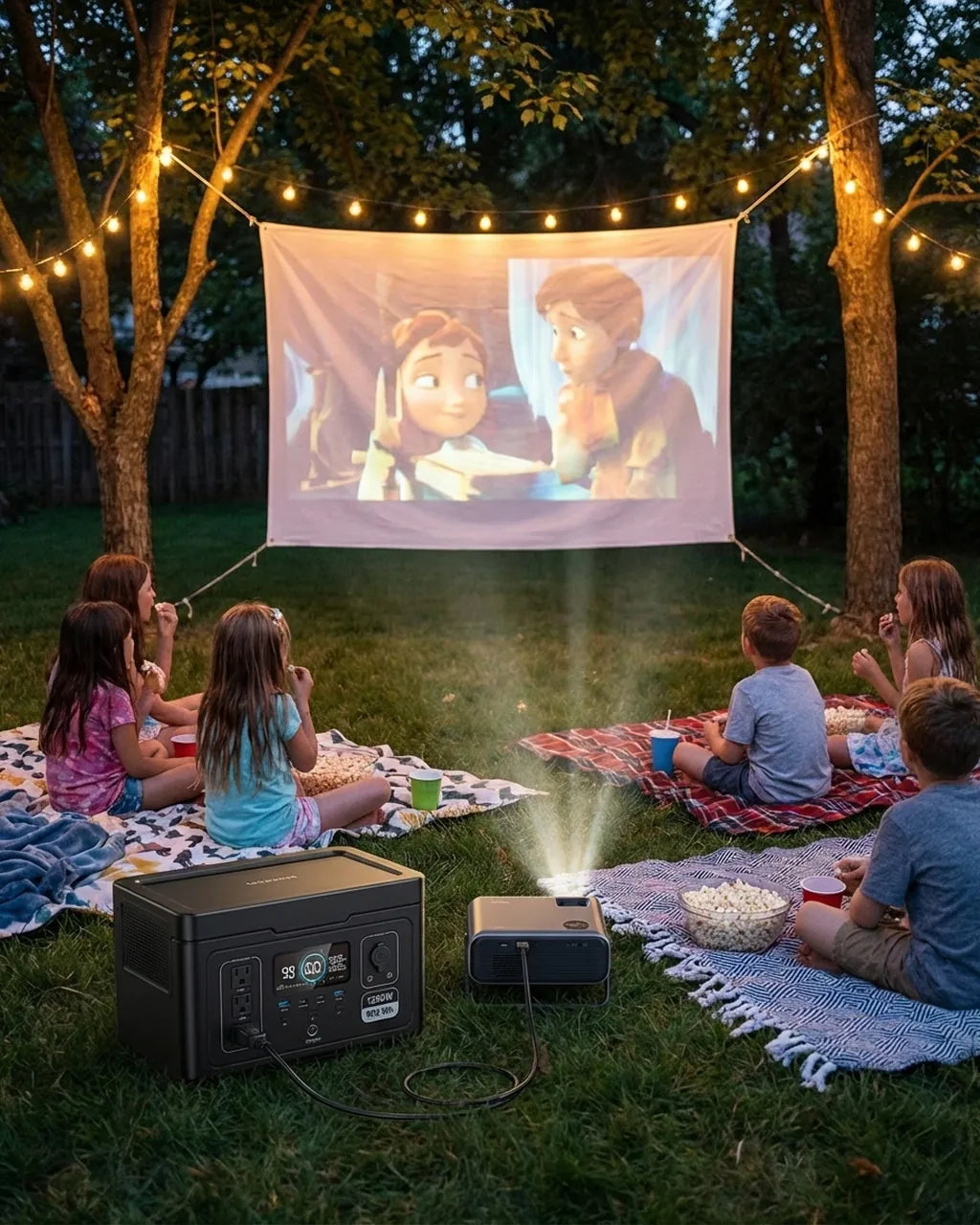 Backyard movie night powered by portable power station