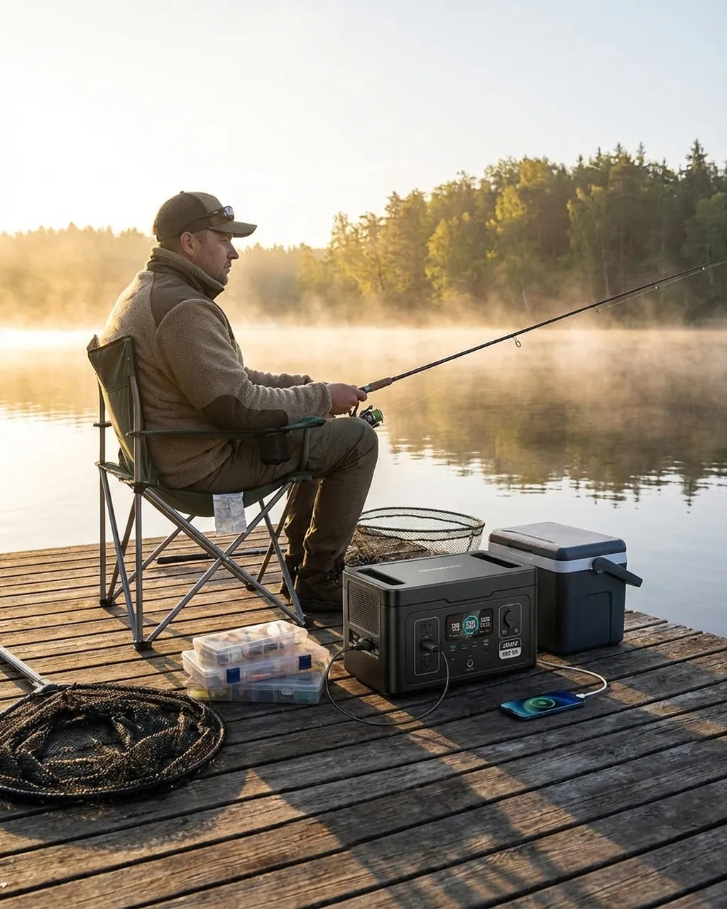 Fishing on a lake dock with portable power station