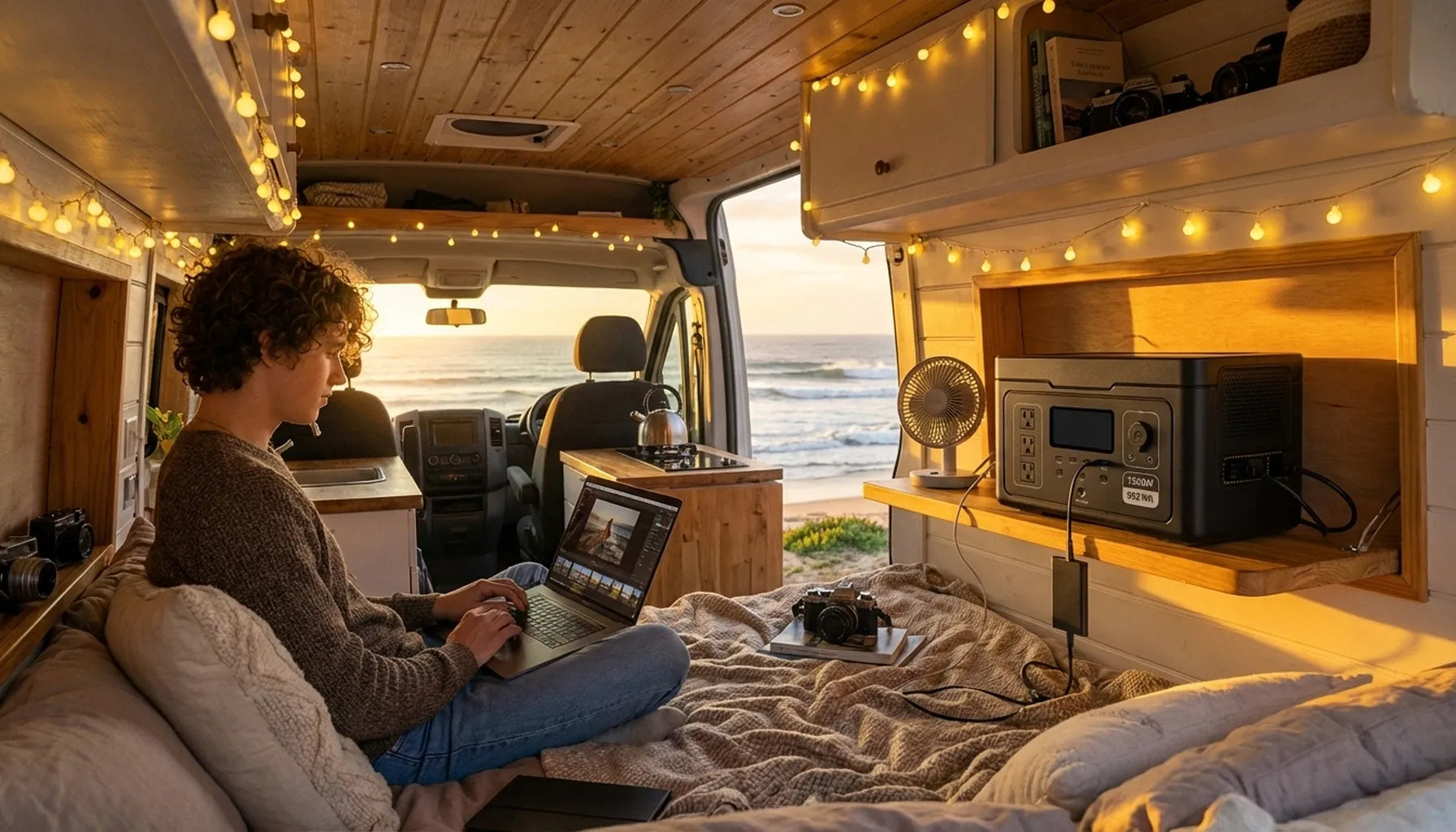 Van life with portable power station at sunset